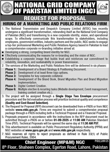 National Grid Company of Pakistan Lahore Tender Notice